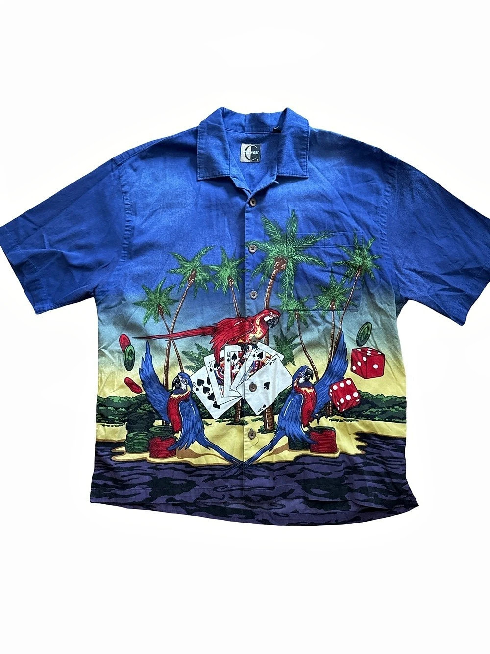 Chiliwear Y2K Short Sleeve Hawaiian Vegas Button Front Shirt Men's Large Blue